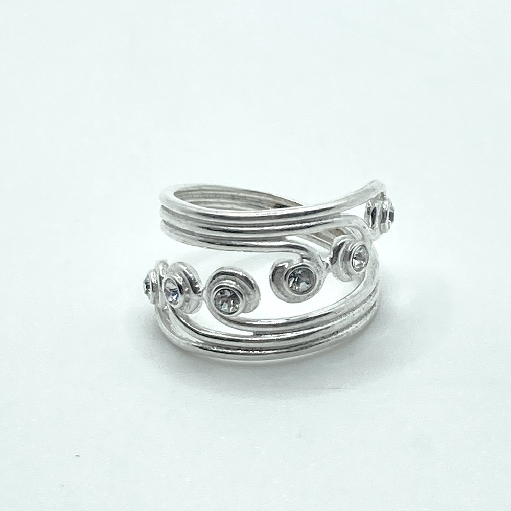 Vtg Sterling Silver Wave Design Bypass Ring 6 CZ Stones Sz 4.25 Adjustable